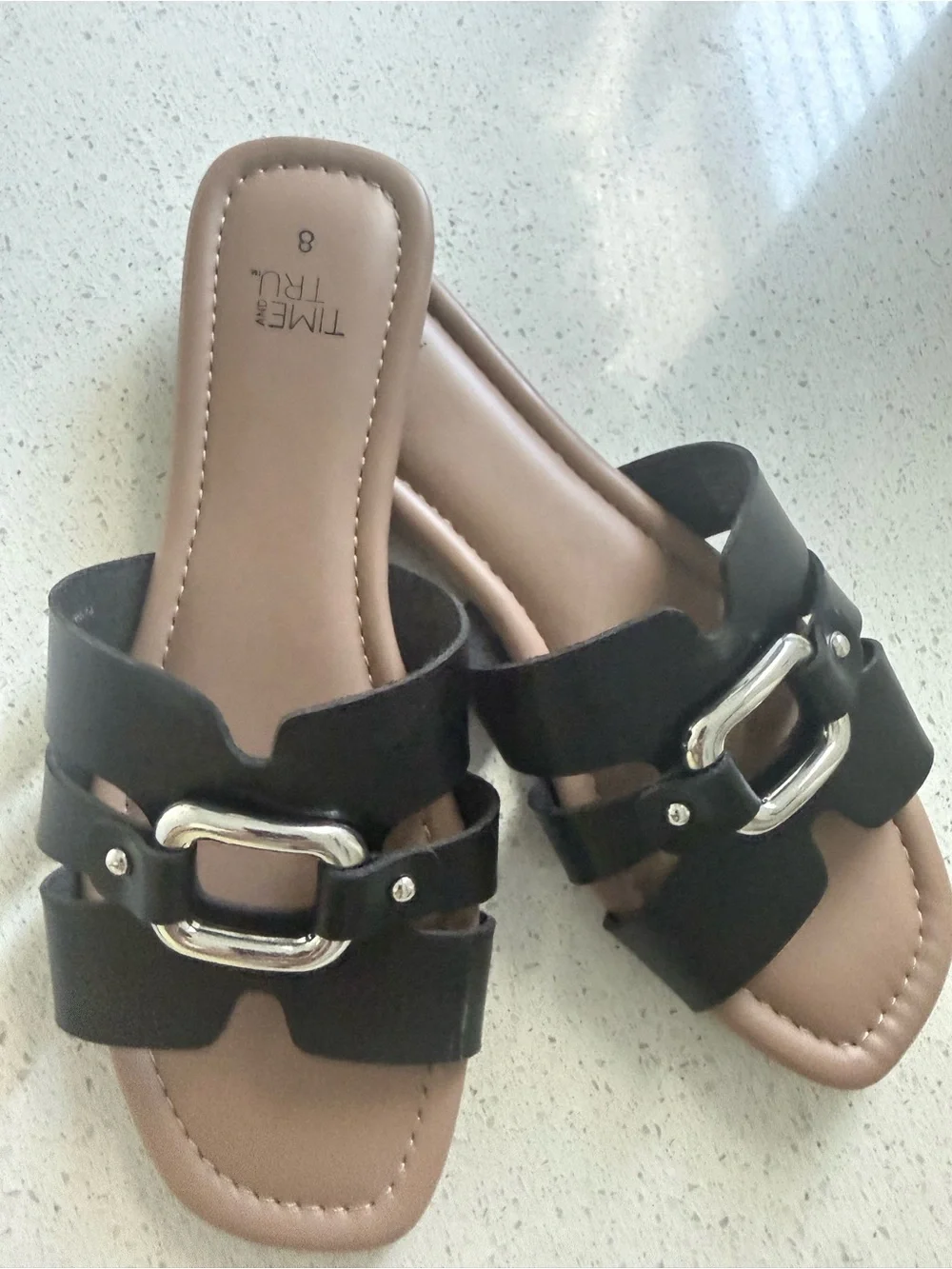 Time and Tru Black Slide Sandal with Silver Accent Buckle
